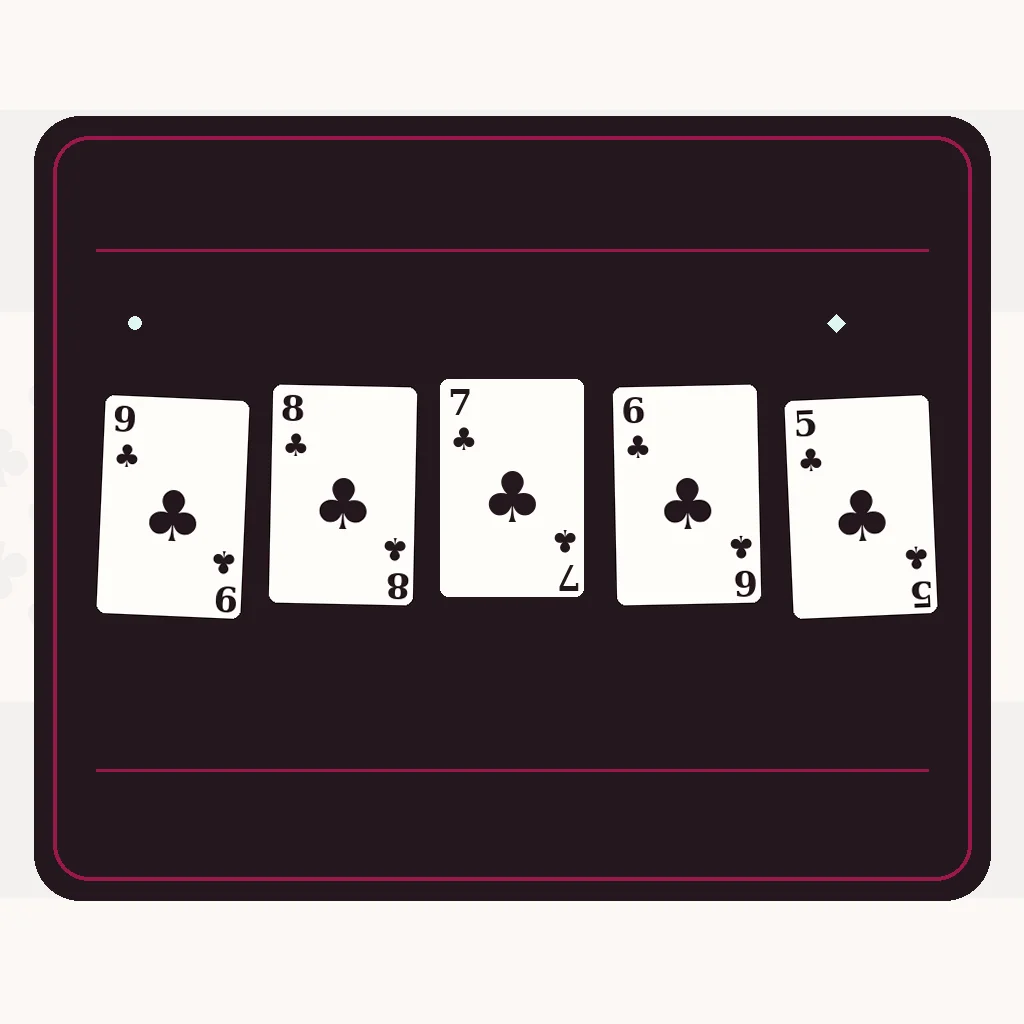 Quinte flush : neuf de trèfle, huit de trèfle, sept de trèfle, six de trèfle, cinq de trèfle