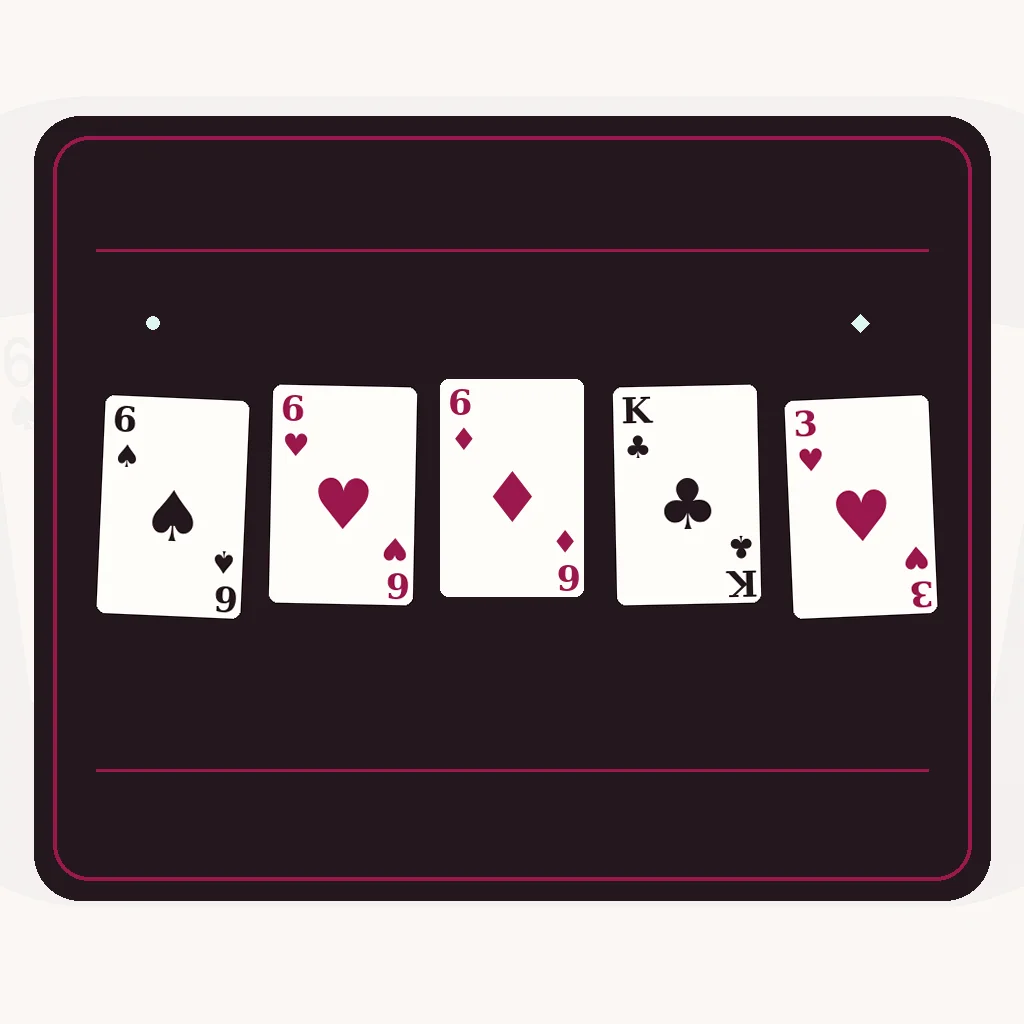 Brelan : six de pique, six de cœur, six de carreau, roi de trèfle, trois de cœur